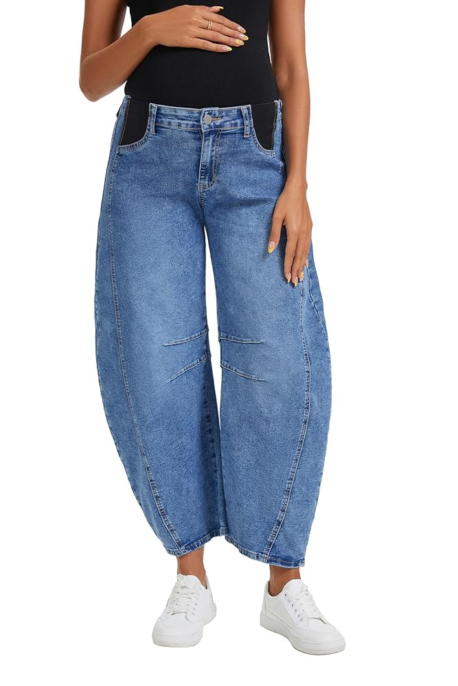 OVRUNS Women's Maternity Baggy Jeans Stretch Barrel Jeans Side Panel Loose Pregnancy Denim Pants ... | Amazon (US)