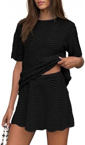 Fisoew Womens Crochet Swimsuit Coverup 2 Piece Skirt Sets Bathing Suit Cover Up Knit Beach Vacati... | Amazon (US)