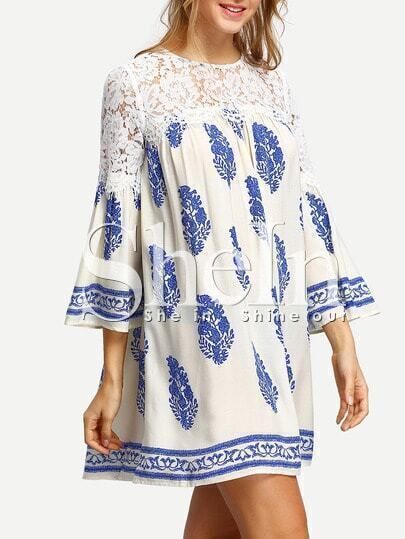 Blue Croceht Lace Print Casual Dress | SHEIN