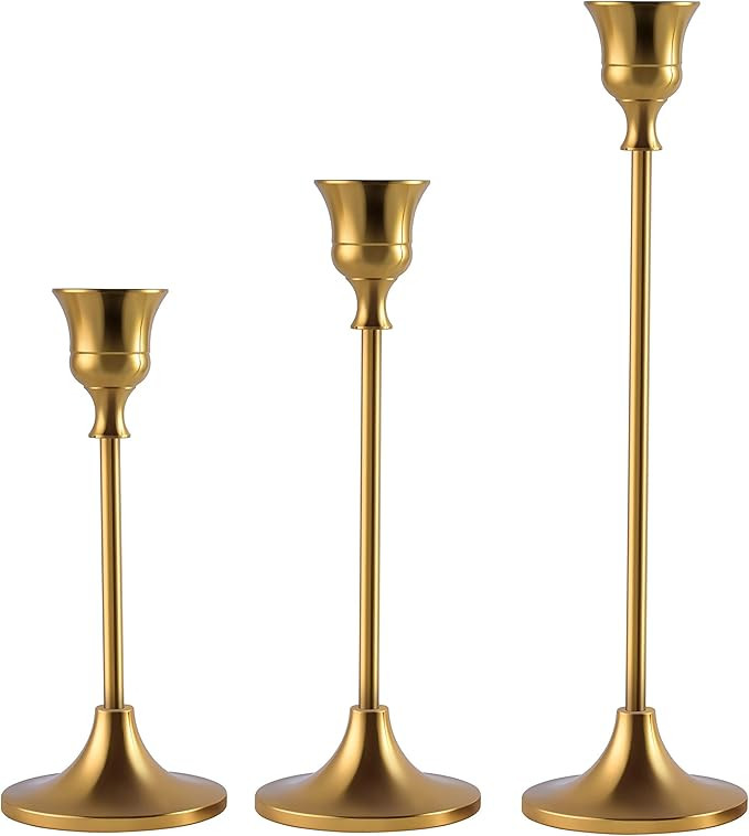 Candlestick Holders Taper Candle Holders, Brass Gold Candlestick Holder Set 3 Pcs Candle Stick H... | Amazon (US)