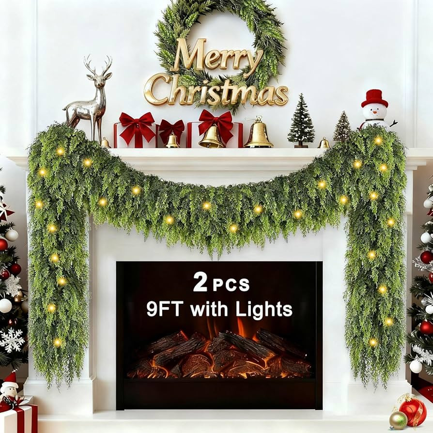 【2 Pcs】 9FT Cedar Garland with Lights, Prelit Christmas Garland Artificial Realistic, Real To... | Amazon (US)
