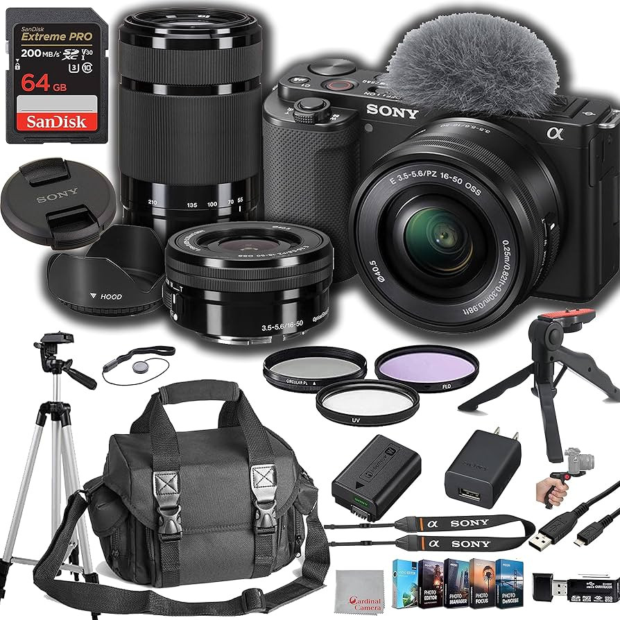 Sony ZV-E10 Mirrorless Camera with with 16-50mm + 55-210mm Lenses, 64GB Extreem Speed Memory, Cas... | Amazon (US)