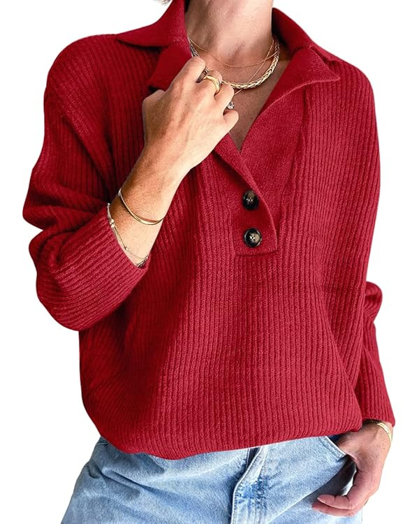 LILLUSORY Women's Snap-Buttons Foldover Collar Henley Knitted Pullover Sweater Tops | Amazon (US)