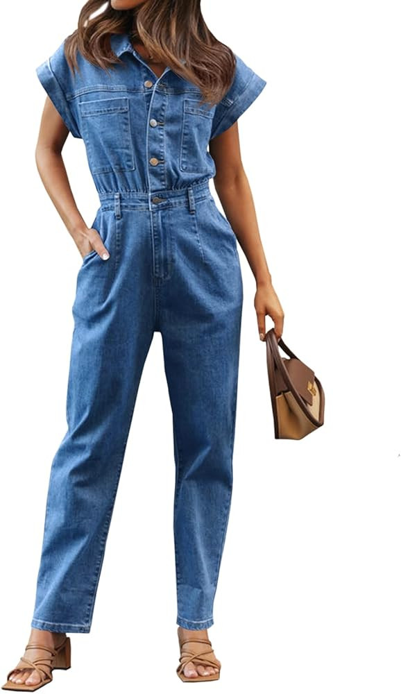 Tongmingyun Women's Cap Sleeve Denim Jumpsuit Button Down Straight Leg Jeans Long Pants Rompers w... | Amazon (US)