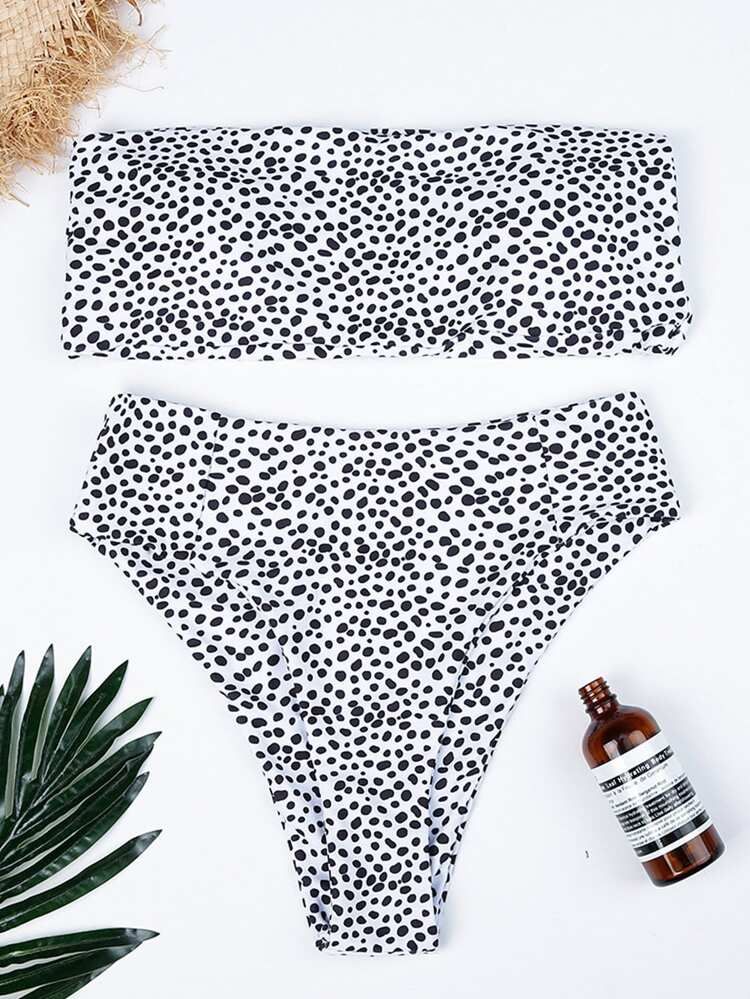 Dalmatian Print Bandeau Top With High Waist Bikini | SHEIN