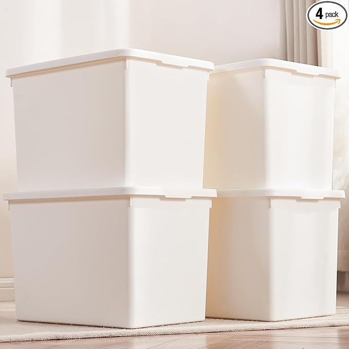 White Storage Bins with lids,Office stackable Plastic Boxes Set of 4,Garage organization Storage ... | Amazon (US)