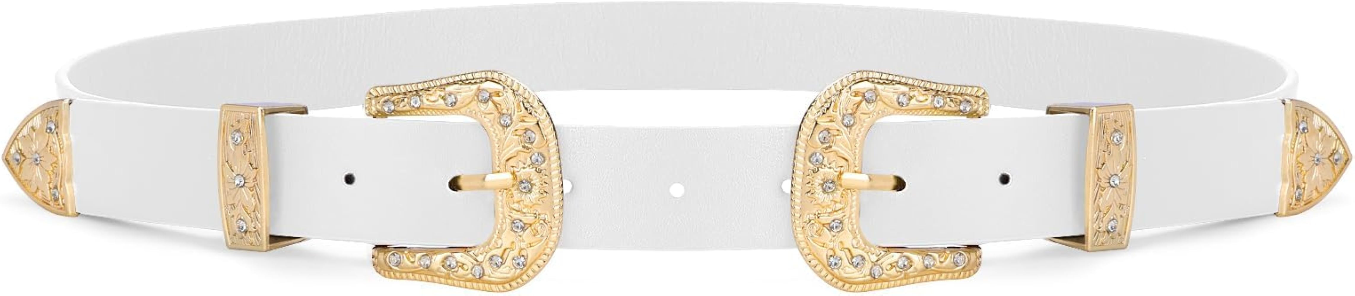 WHIPPY Vintage Western Leather Belt for Women Double Buckle Retro Cowgirl Waist Belts for Jeans P... | Amazon (US)