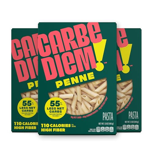 Carbe Diem!, Penne, Lower Net Carb Pasta with Traditional Flavor & Texture, 55% Fewer Net Carbs & Only 110 Calories Per Serving, Pack of 3 | Amazon (US)