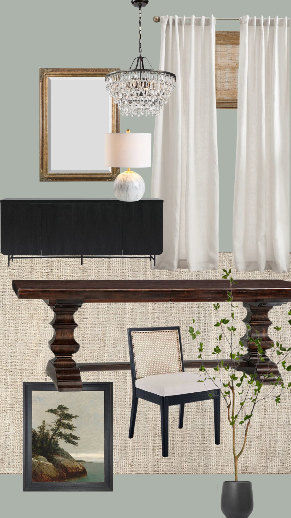 Victorian Farmhouse Dining Room with a modern touch! 

Pottery barn, marble table lamp, extendable dining table, gold antique mirror, artificial tree, dining chairs, sideboard buffet, window treatments, artwork, chandelier 

#LTKstyletip #LTKhome