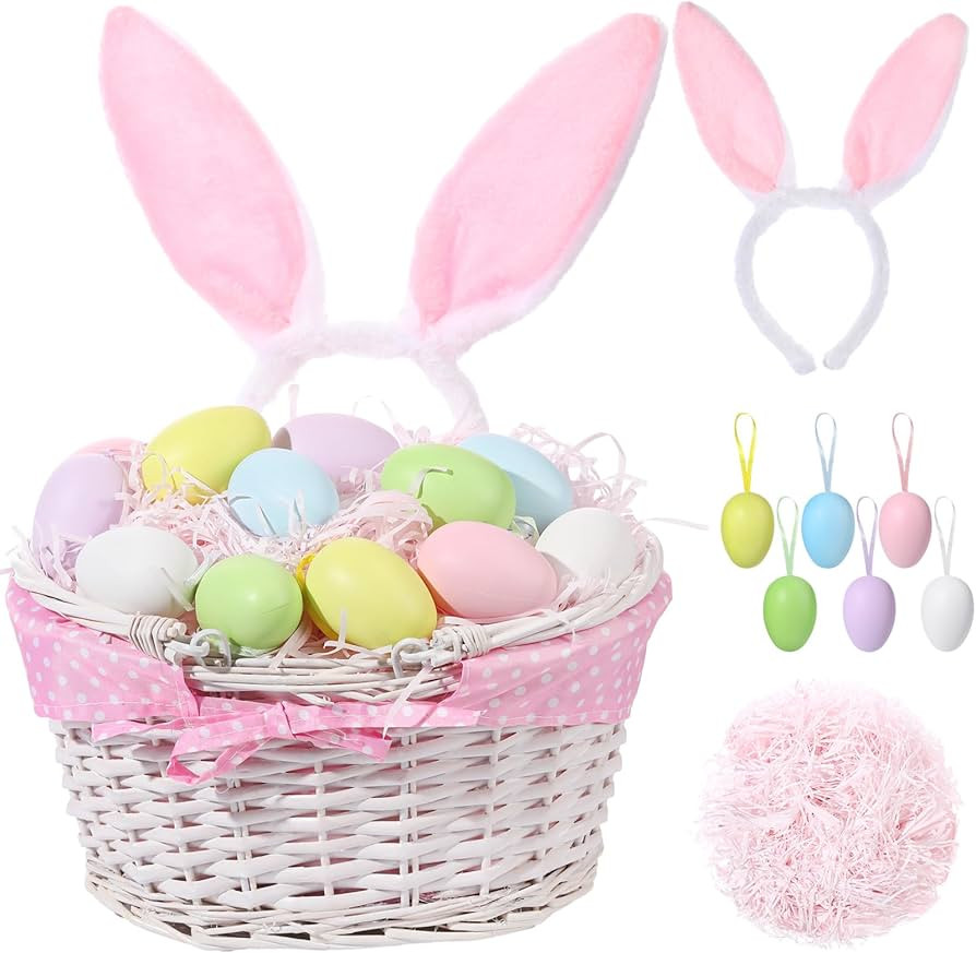 Easter Bunny Gift Basket Set Include Wicker Basket with Liner Gingham, Easter Bunny Headband, Eas... | Amazon (US)