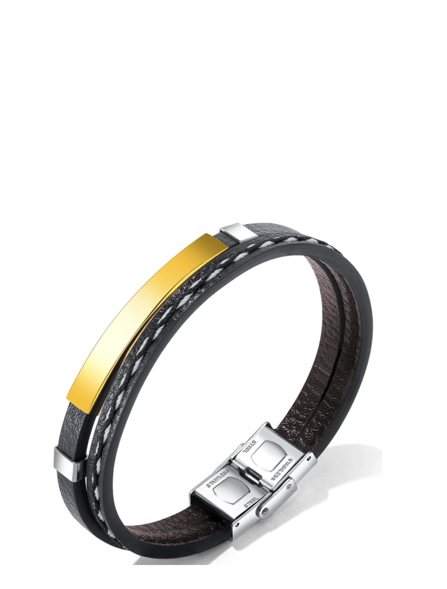 18k Gold Two Tone Black Leather Id Bracelet | Shop Simon
