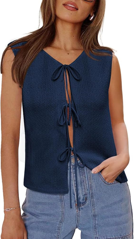 Yousify Women’s Tie Front Sweater Vest 2025 Summer Sleeveless Crochet Knit Tops Lightweight Car... | Amazon (US)