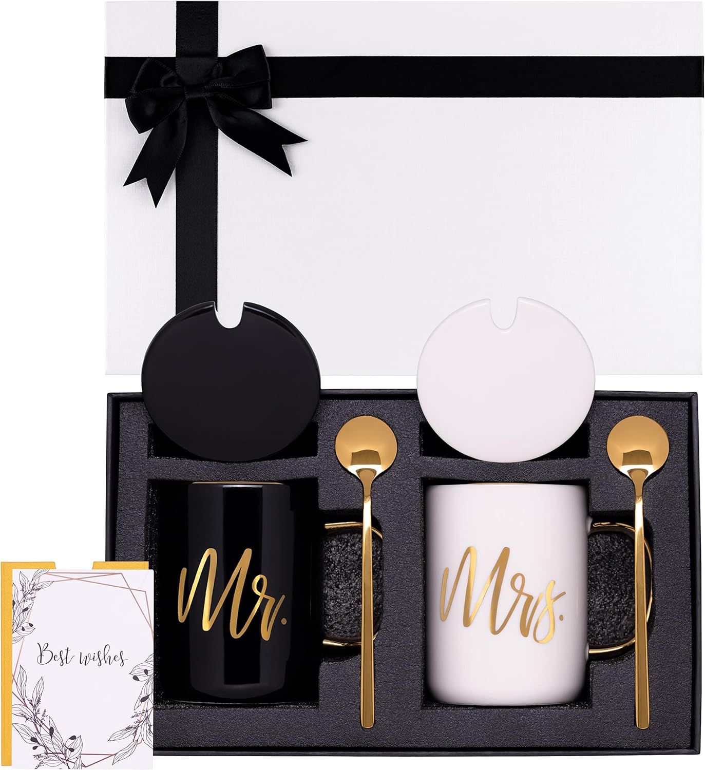 Triple Gifffted Mr and Mrs Coffee Mugs Gifts Set with Lids and Teaspoons for Wedding Anniversary,... | Amazon (US)