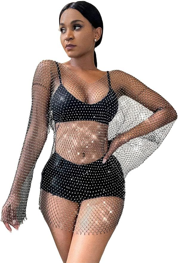 Ingemark Fashion See Through Rhinestone Fishnet Bikini Cover Up for Women Shiny V-Neck Long Sleev... | Amazon (US)