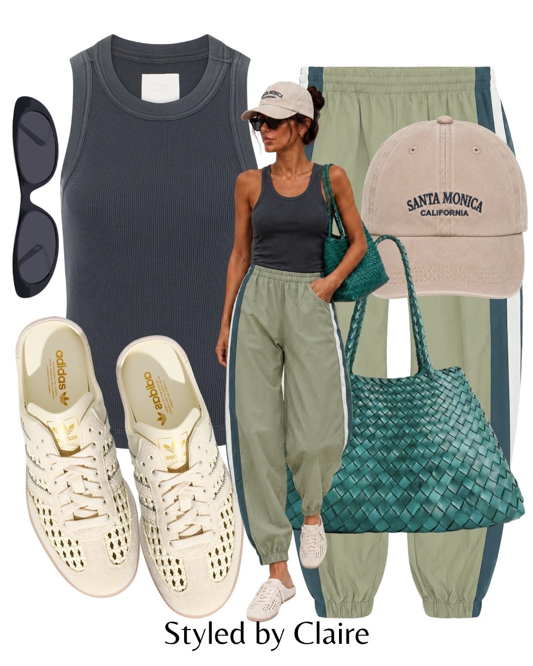 COOL GIRL OUTFIT🙋🏽‍♀️
Tags: lioness track pants green blue side stripe grey charcoal tank top pull bear cap dragon diffusion woven bag adidas samba og mules raffia trending viral sunglasses revolve fashion airport inspo ideas city break elevated capsule wardrobe summer autumn

#LTKsummer #LTKstyletip #LTKshoes