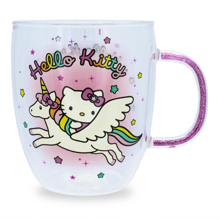 Silver Buffalo Sanrio Hello Kitty Unicorn Glass Mug With Glitter Handle | Holds 14 Ounces | Target