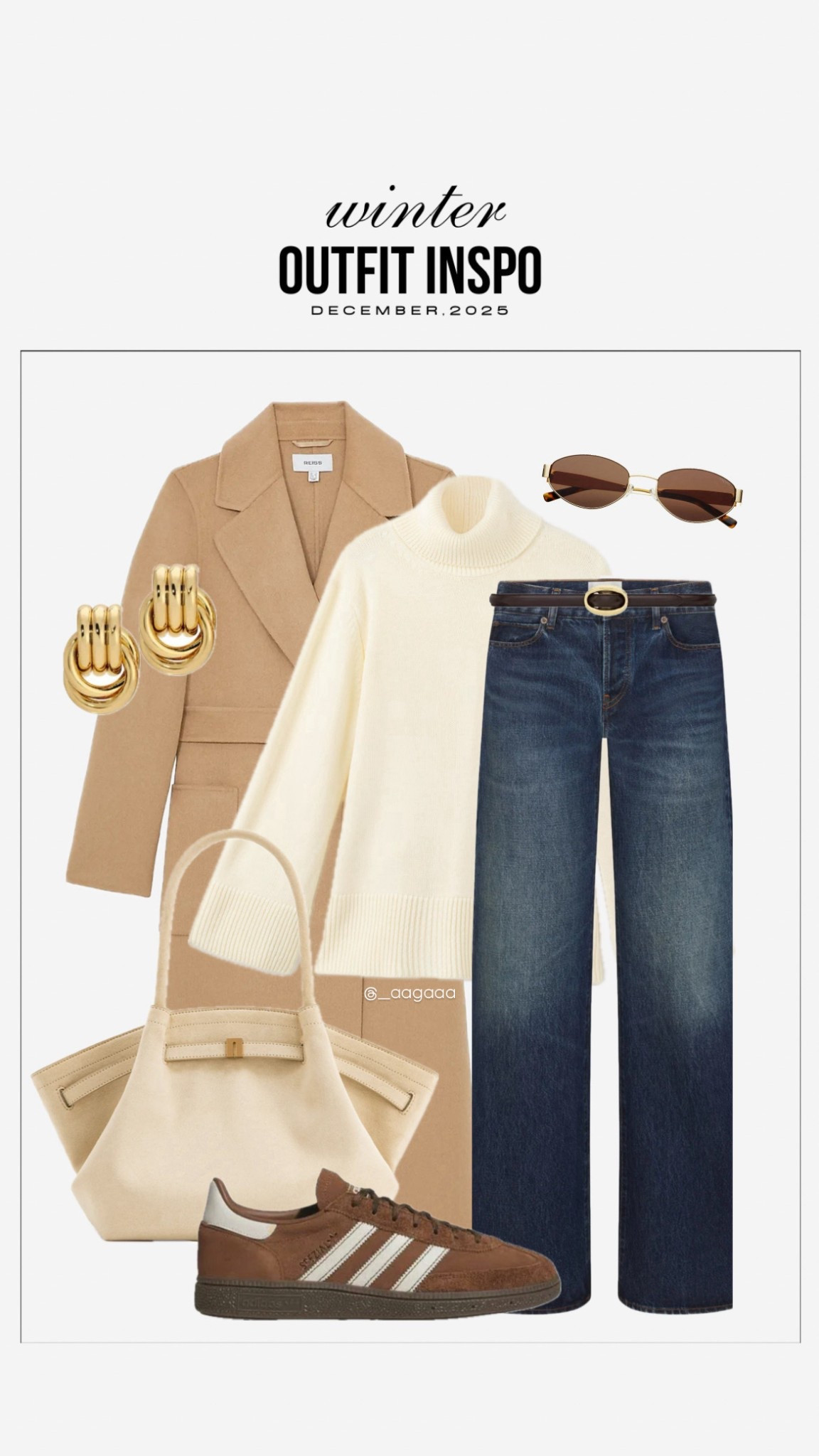Outfit of the day, brown coat, winter outfit, winter capsule wardrobe, autumn outfit, christmas outfit, workwear, office outfit, dark blue wide leg jeans, gold knot earrings, gold sunglasses, cream turtleneck long sleeve sweater, cream bag

#LTKWorkwear #LTKFindsUnder100 #LTKootd