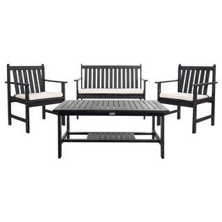 SAFAVIEH Burbank Black 4-Piece Wood Patio Conversation Set with White Cushions PAT7006C - The Hom... | The Home Depot
