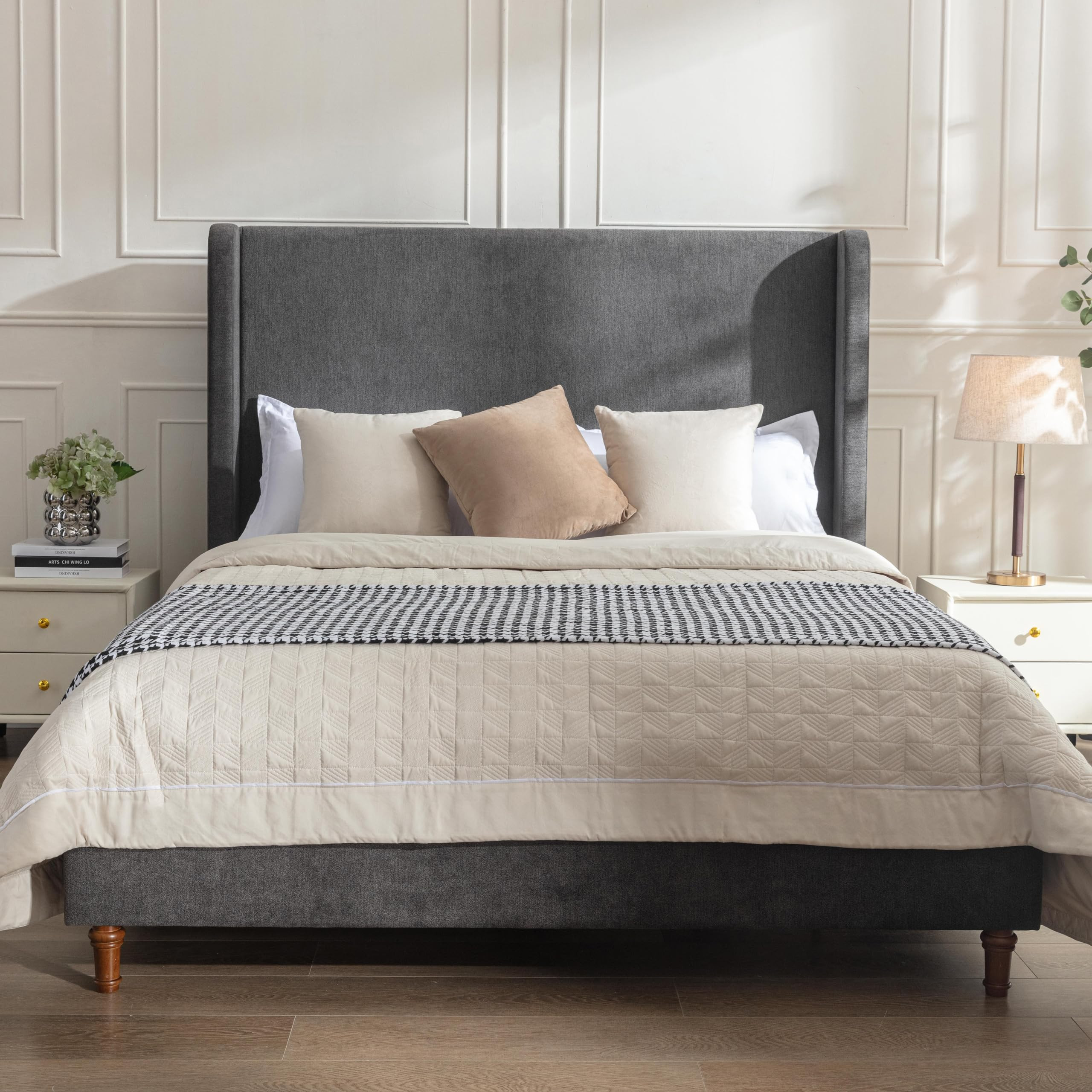Ball & Cast Queen Bed Frame,Velvet Upholstered Platform Bed with Wingback Headboard and Wood Legs... | Amazon (US)