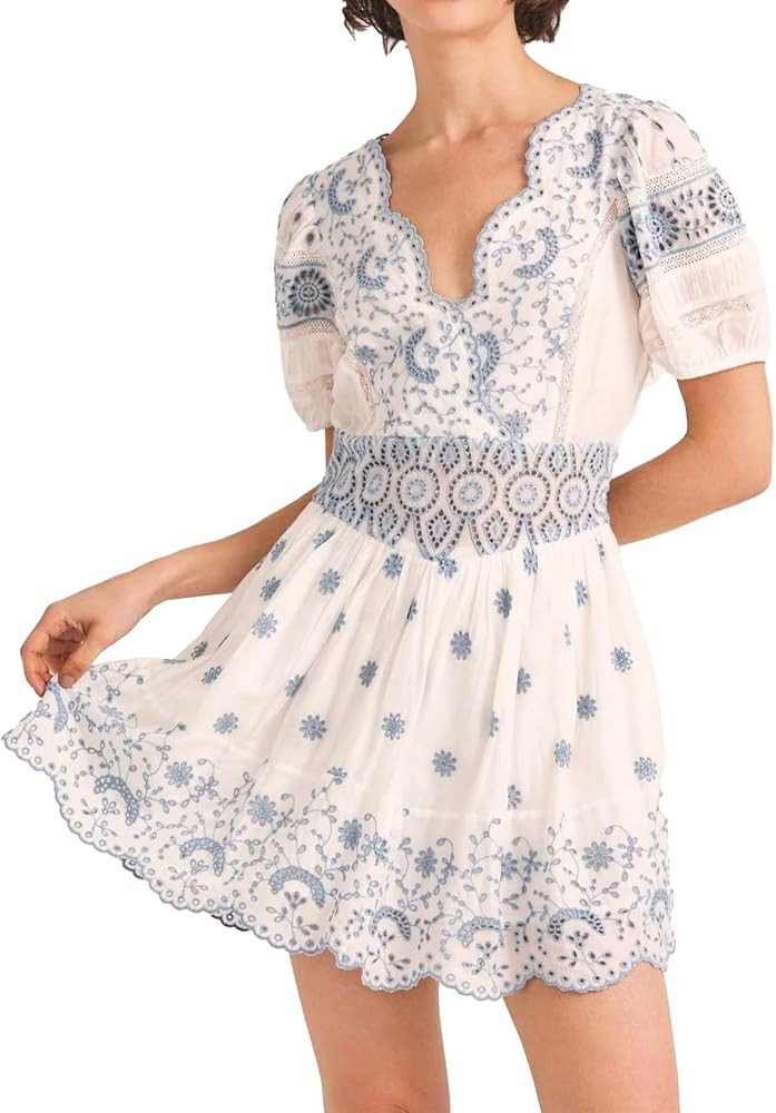 Women V Neck Lace Dress Trim Floral Dress Puffy Sleeve Dress White Boho Summer Dress Flower Girl ... | Amazon (US)