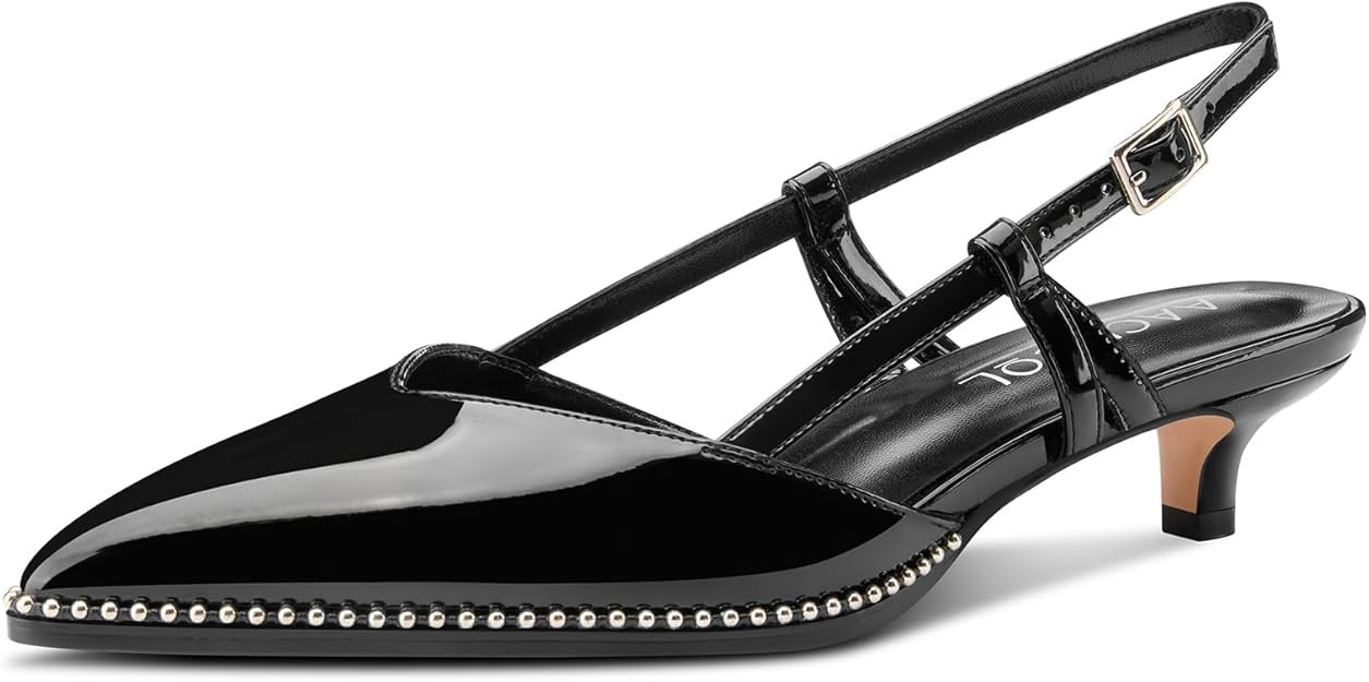 Aachcol Womens Pointed Toe Slingback Heels Low Kitten Heel Sandals Patent Leather Sliver Beaded P... | Amazon (US)