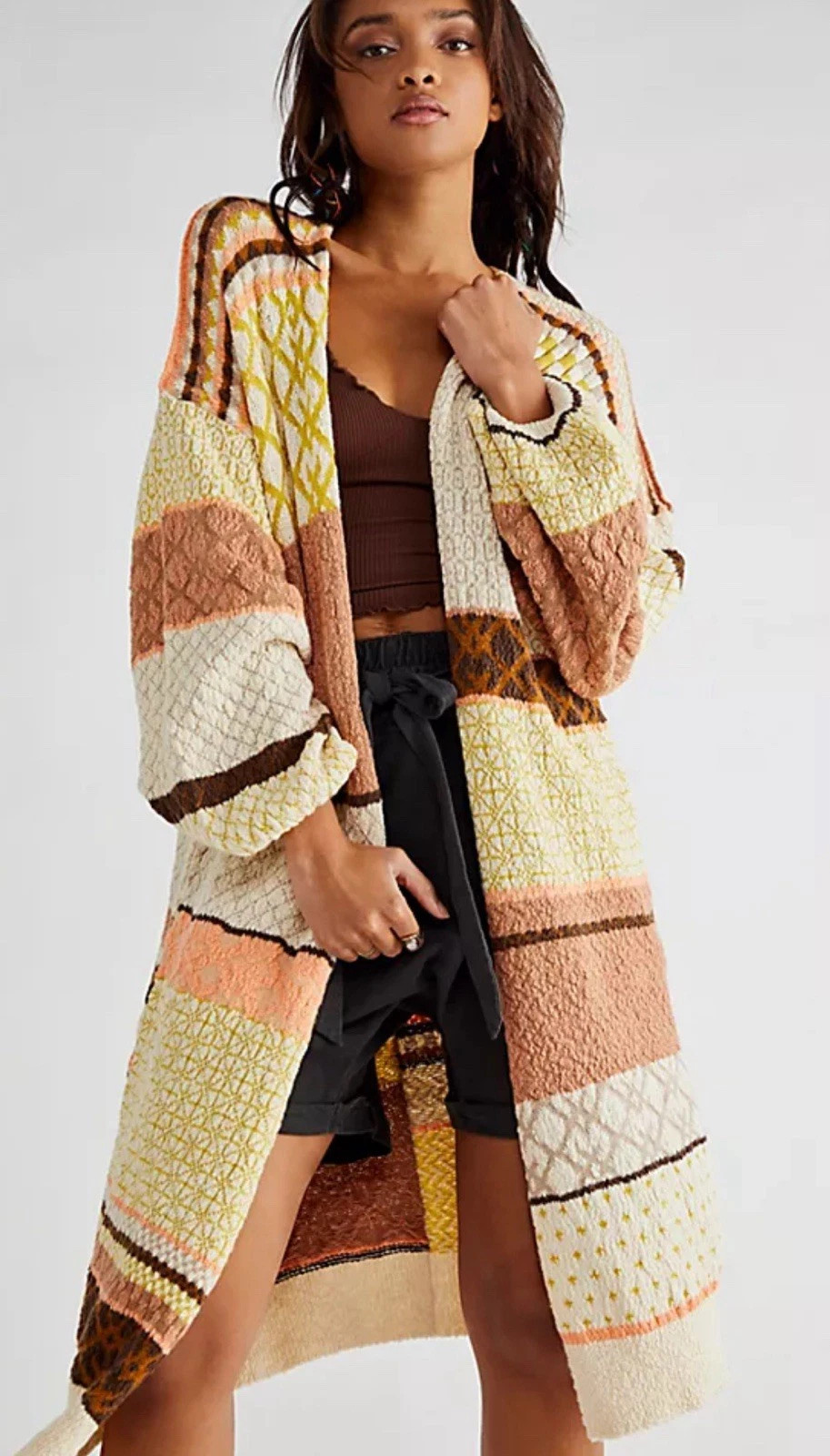 FREE PEOPLE Love and Kisses Patchwork Cardi Pockets Corral Brown Open Front Sz L | eBay US