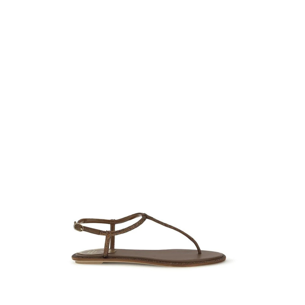 RENE CAOVILLA Brown Satin Flat Sandals | VAZLUXE