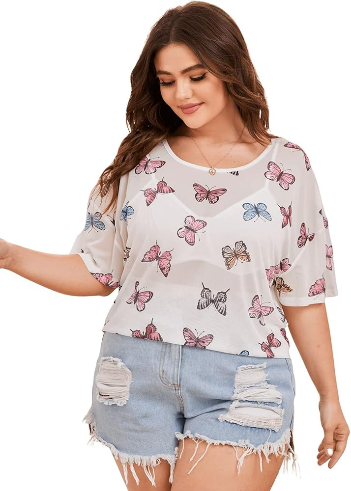 Floerns Women's Plus Size Short Sleeve Sheer Mesh Tops T Shirt Blouse | Amazon (US)