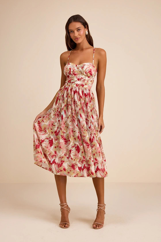 Aleyna Red Multi Abstract Pleated Lace-Up Bustier Midi Dress | Lulus