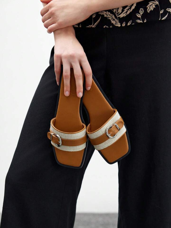 CUCCOO BIZCHIC New Outdoor Women Flat Sandals, Square Toe Rhinestone Silver Slip-On Slippers, Cas... | SHEIN