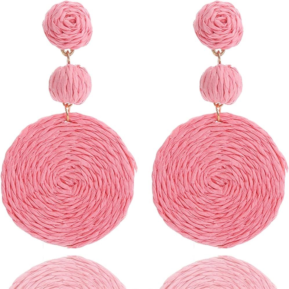 Boho Raffia Ball Earrings for Women, Handmade Statement Drop Earrings Straw Dangle Earrings Beach... | Amazon (US)
