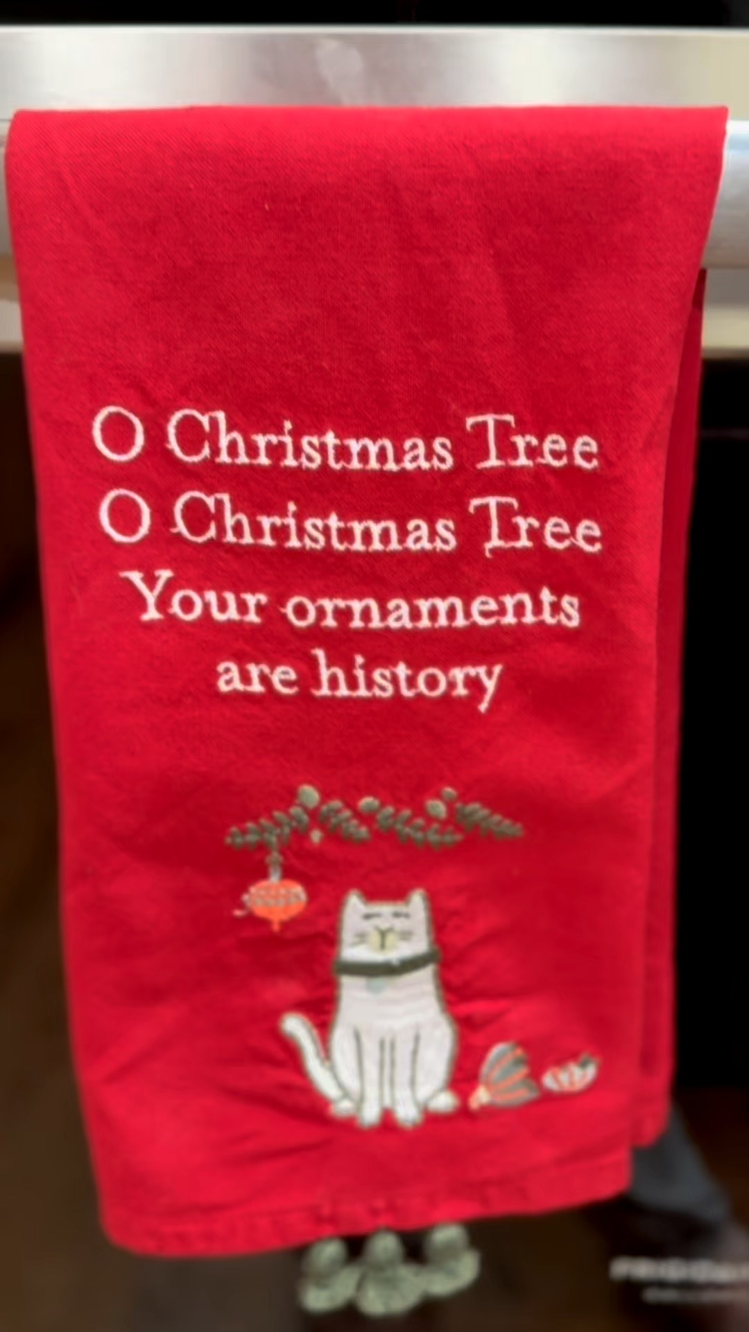 Dish towel cat ornaments 

Cotton linen blend kitchen towel features embroidered "O Christmas Tree O Christmas Tree Your Ornaments Are History" sentiment with cat and broken ornament designs. Includes tassel accents for added interest.

#LTKSeasonal #LTKHome #LTKPets