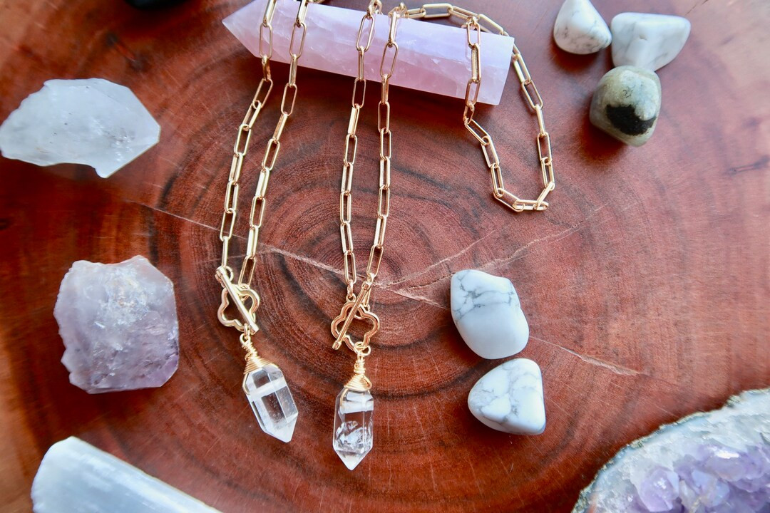 Paper Clip Chain, Crystal Necklace, Clear Quartz, Paperclip chain necklace, 18K gold plated | Etsy (US)