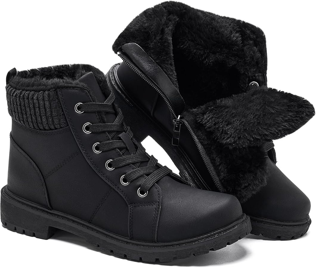 Uoidru Combat Boots For Women Ankle Booties Black Winter Snow Boots White Lace Up Boots Comfort F... | Amazon (US)