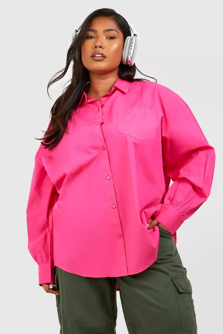 Hot Pink Plus Oversized Cotton Shirt | Boohoo.com (UK & IE)