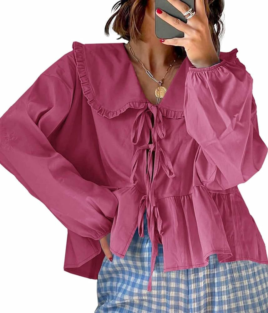 Tankaneo Womens Tie Front Tops Casual Babydoll Long Sleeve Blouses Peplum Cotton Bow Shirts | Amazon (US)