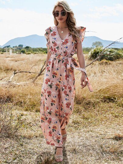 Allover Floral Print Ruffle Trim Belted Culotte Jumpsuit | SHEIN