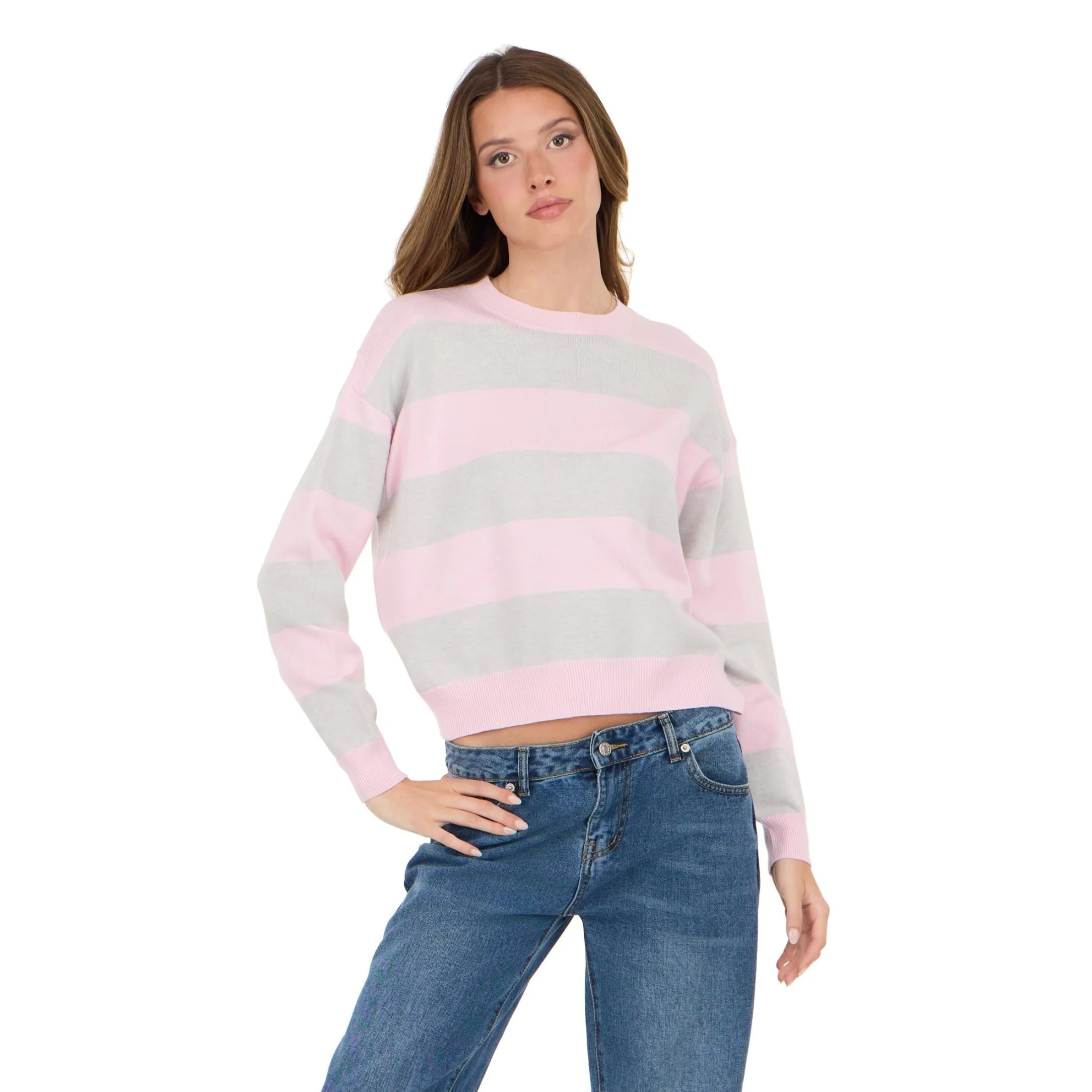 Forever 21 Women's Pink & Grey Preppy Sweater, Rugby Stripe Design for Cozy Fall Layering, M | Walmart (US)