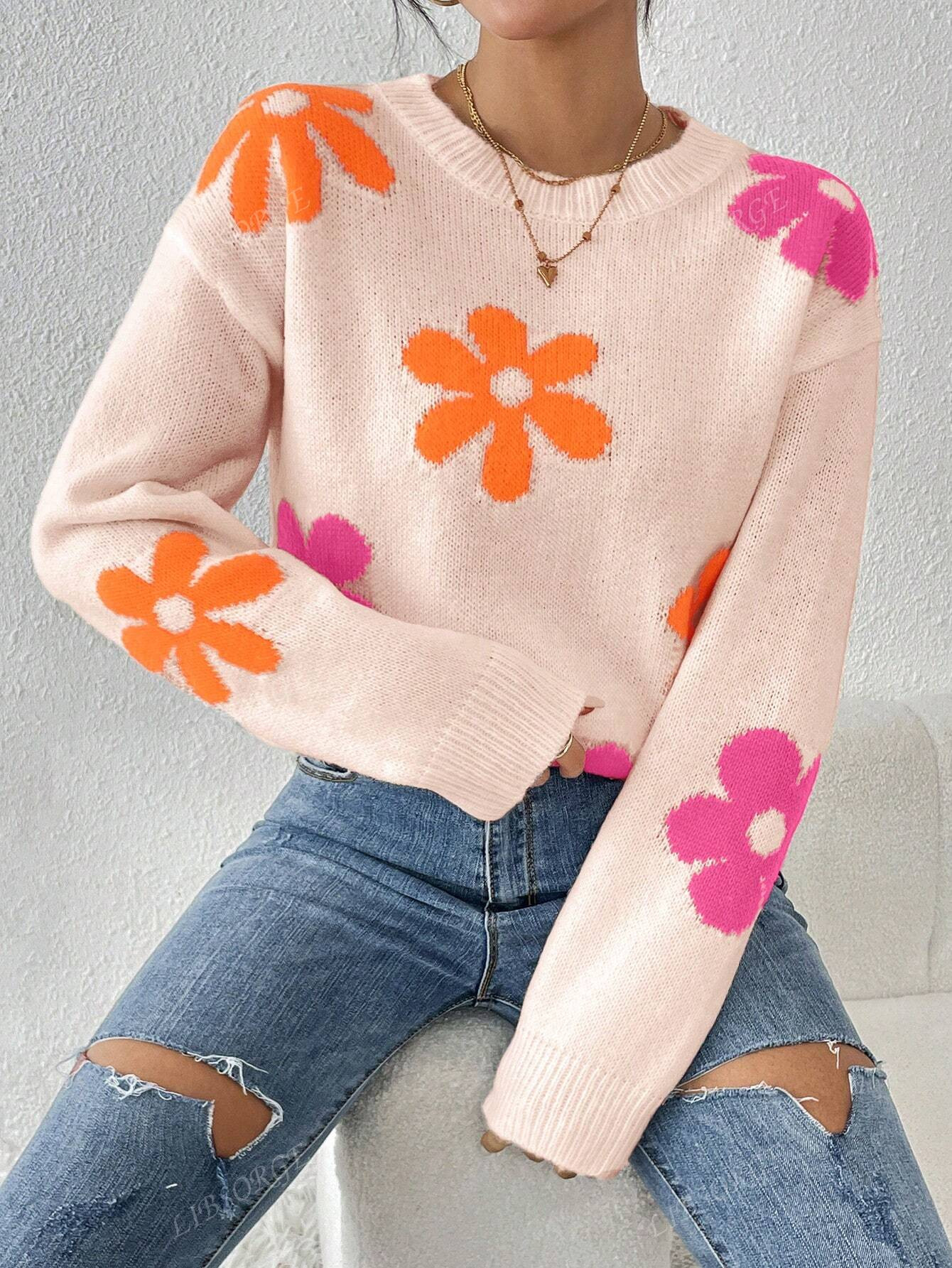 1pc Women Floral Print Round Neck Drop Shoulder Casual Loose Pullover Sweater, Autumn/Winter | SHEIN