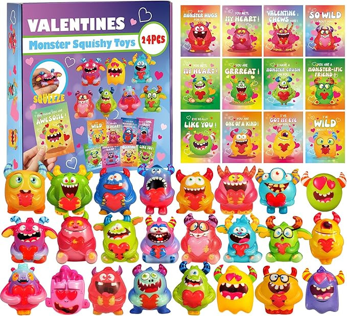 24Pcs Valentines Day Gifts for Kids, Monster Heart Squishy Toys with Cards for Galentines School ... | Amazon (US)