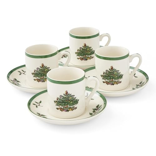Spode Christmas Tree Espresso Cup & Saucer Set (Set of 4) - Festive 3 Ounce Coffee Mugs with Saucers, Fine Earthenware for Espresso, Holiday Gift & Christmas Décor - Dishwasher & Microwave Safe | Amazon (US)