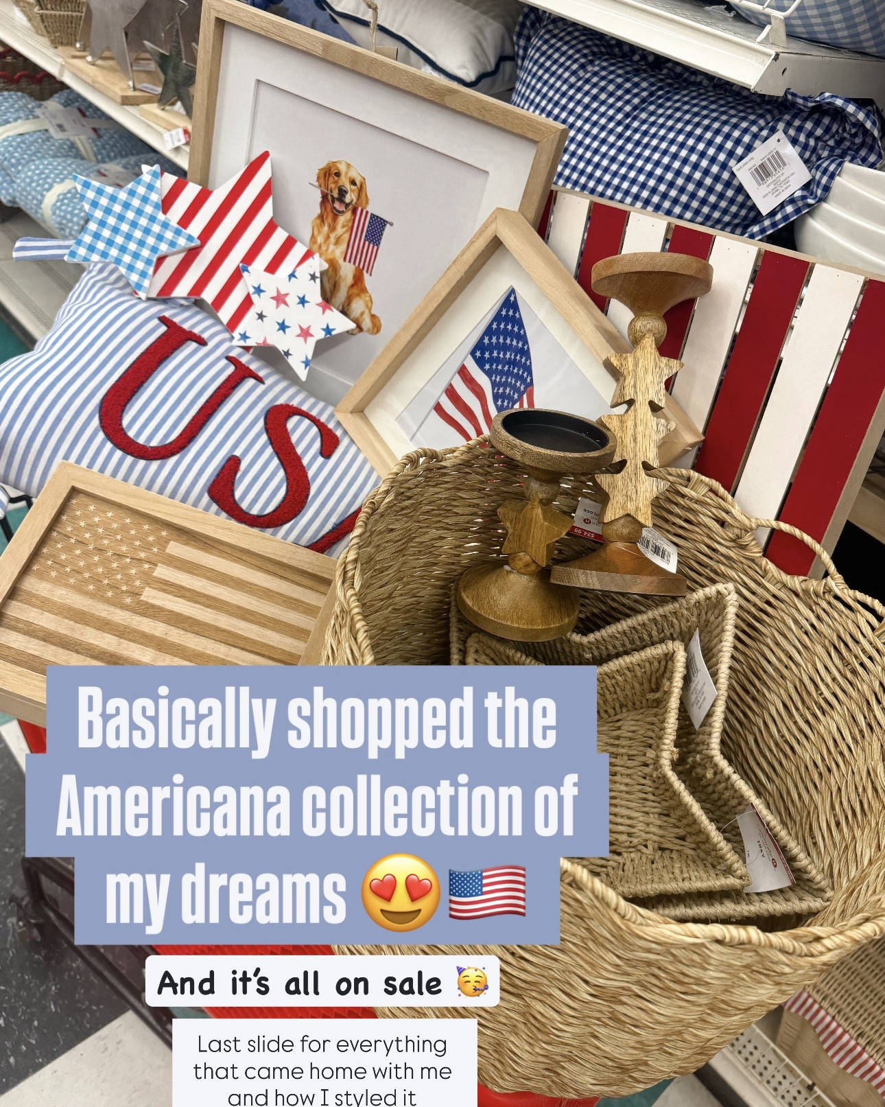 Basically shopped the Americana collection of my dreams 😍🇺🇸 SO many good patriotic home finds this year and I could not leave without the gingham pillows, woven stars, scallop baskets, framed flag prints, wooden candlesticks, and the cutest red, white & blue decor pieces.

I love that everything feels festive but still cozy and elevated instead of overly themed. The woven textures, natural wood tones, gingham patterns, and vintage-inspired flag decor are giving high-end cottage/coastal vibes for summer 😍

The framed flag print is SO pretty, the woven star baskets are adorable for styling shelves or coffee tables, and those blue gingham pillows with the red piping?! Immediately yes. Also grabbed the prettiest wreaths for the front door and a huge wooden American flag that looks way more expensive than it was 👏🏼

And the best part… so much of this collection is on sale right now 🤍 Last slide shows everything that came home with me and how I styled it around the house!

#americanadecor #patrioticdecor #fourthofjulydecor #summerdecor #redwhiteandblue #coastaldecor #cottagestyle #homedecorfinds #summerhome #neutraldecor #ginghamdecor #wovenhome decor #cozyhome #memorialdaydecor #americanastyle #summerstyling #patriotichome #seasonaldecor #homefinds #affordabledeco

#LTKSeasonal #LTKHome