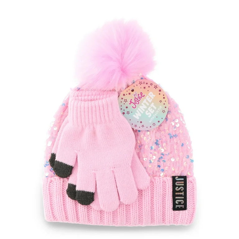 Justice Girls Sequin Beanie Hat with Pom and Gloves, 2-Piece Set, Pink - Walmart.com | Walmart (US)