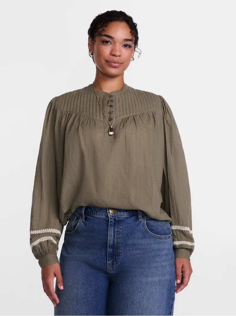 Scenario Women's and Women's Plus Quilted Detail Long Sleeve Top, Sizes XS-4X | Walmart (US)