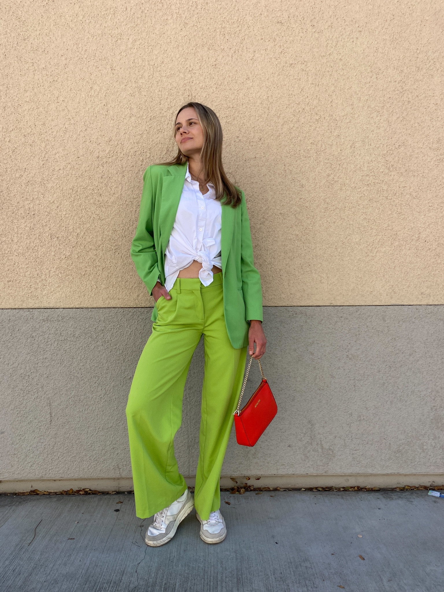 This monochromatic green look actually is not a suit. I just combined my green H&M dress pants with a thrifted blazer in a slightly darker shade. The bag is a great contrast - we love a good color blocking fit!

Green dress pants, color blocking, dress shirt, blazer style, classy look, chic outfit, outfit inspiration, outfit ideas, style inspo, spring trends, spring outfits, summer style, summer outfits, summer fashion inspo

#LTKstyletip #LTKunder100 #LTKFind