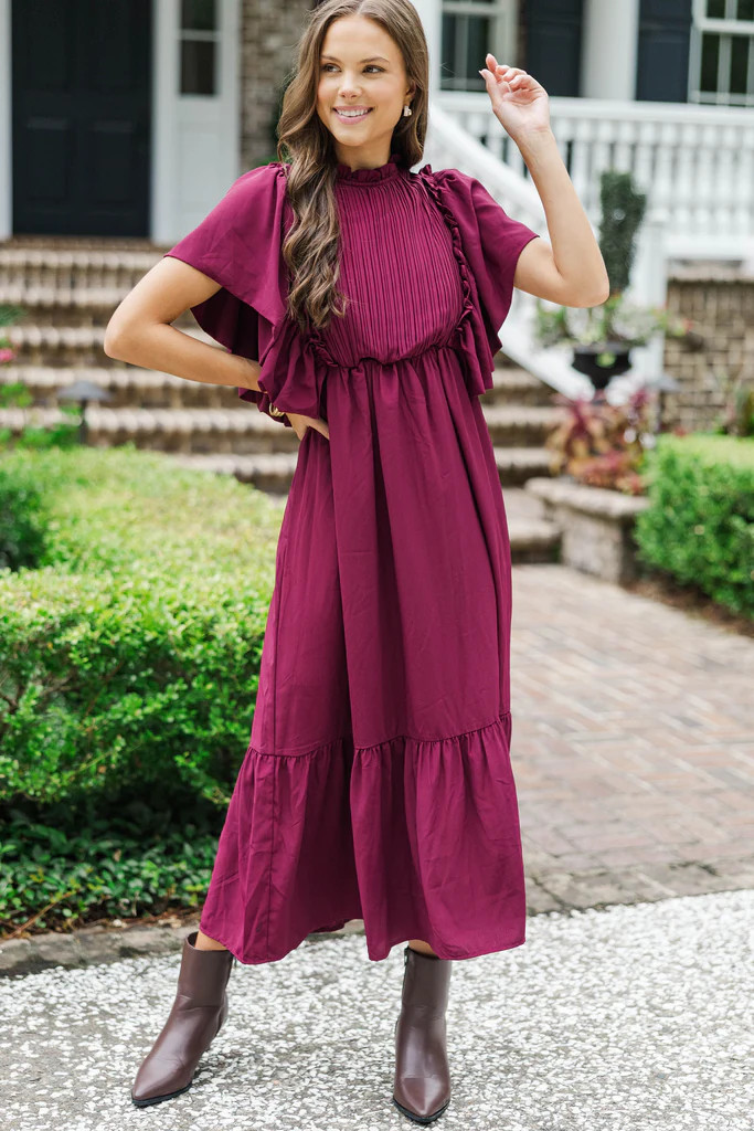 All The Good Burgundy Red Ruffled Midi Dress | The Mint Julep Boutique