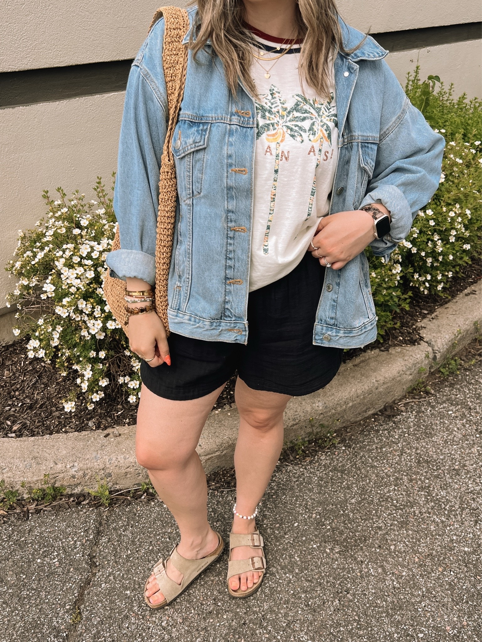 Casual summer outfit! Wearing my usual size L in the graphic tee. Sized up to XL in the denim jacket for an oversized fit. Shorts are from Old Navy last year, linked similar. Birkenstock sandals fit tts

#LTKsummer #LTKsale #LTKmidsize
