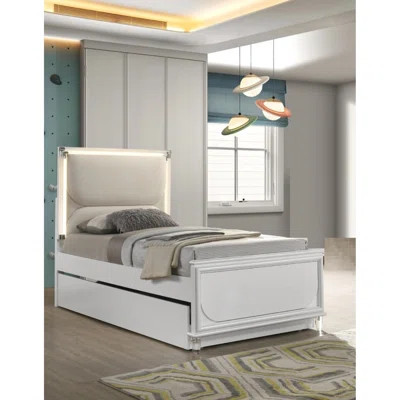 Contemporary Pearl White Upholstered Twin Size Bed With Trundle, Led On Headboard And Acrylic Tube W Led, Bedroom Decorative Furnishing Aesthetic, - L | Wayfair North America