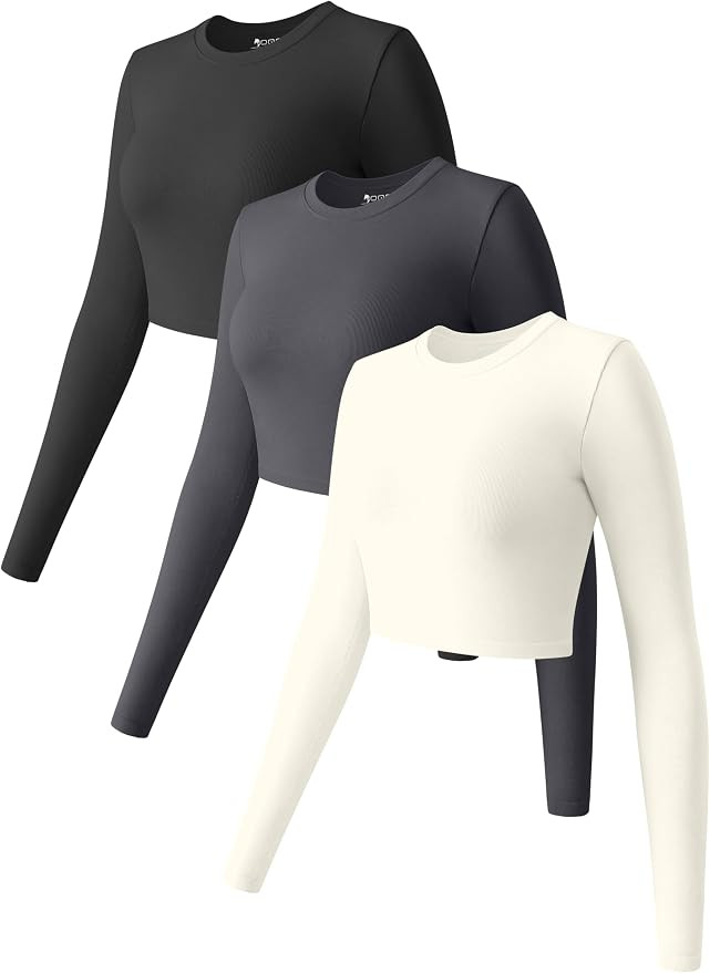 OQQ Women 3 Piece Crop Tops Long Sleeve Crew Neck Stretch Fitted Underscrubs Shirts Crop Tops | Amazon (US)
