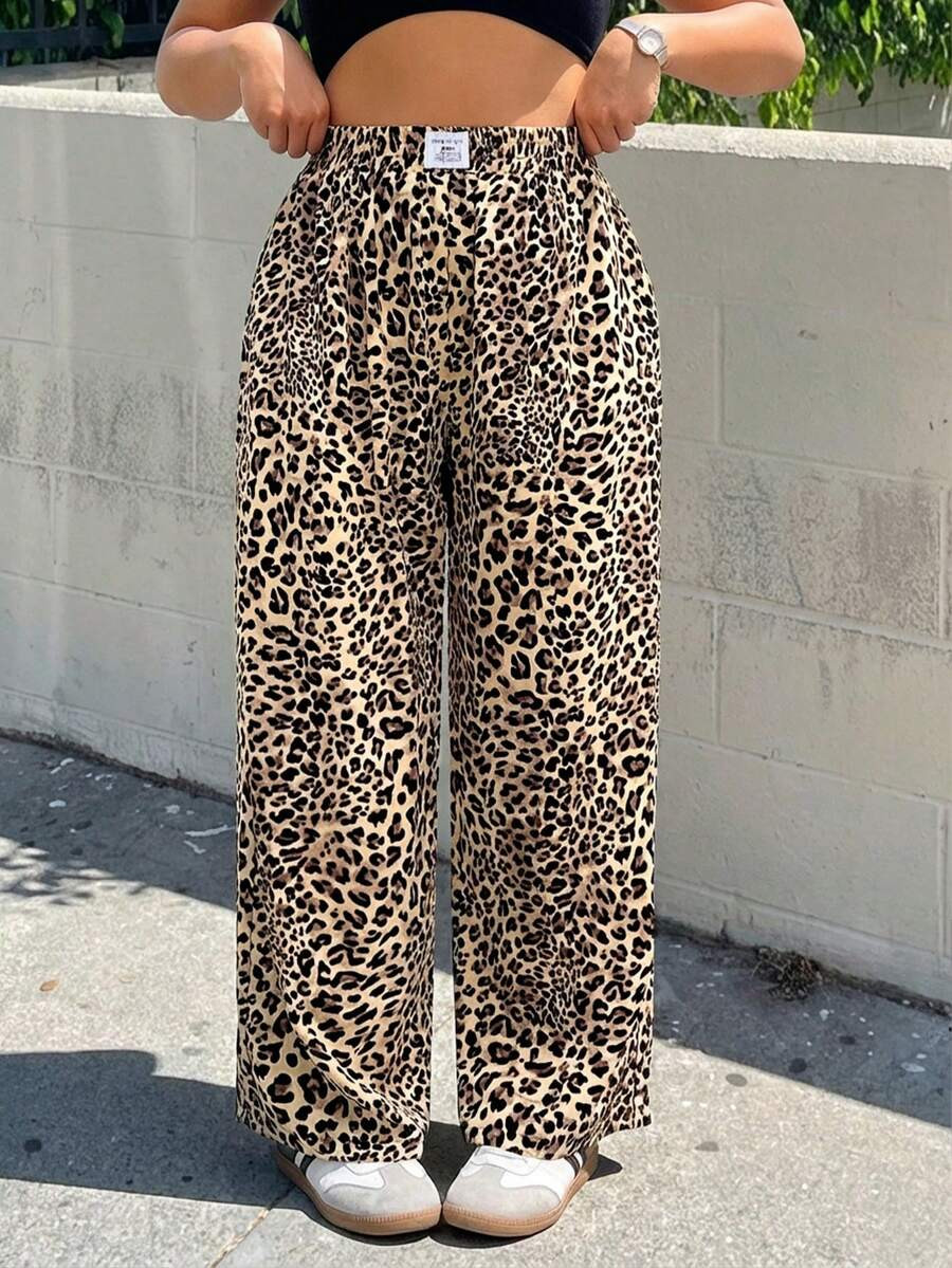 Muchica Plus Size Women Casual Leopard Print Woven High Waist Wide Leg Loose Pants With Pockets, ... | SHEIN